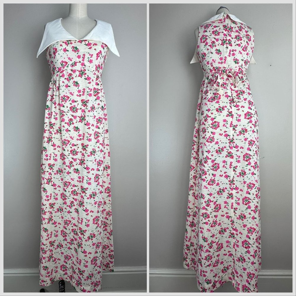 Vintage 1970s Floral Maxi Dress with Huge Collar, Size Small, White and Pink